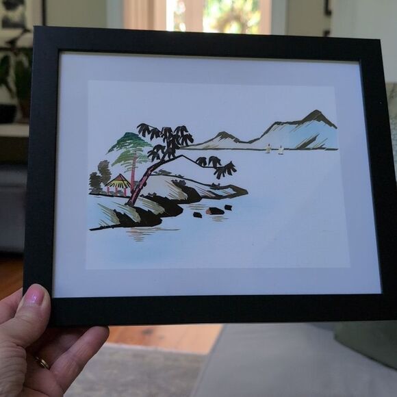 Framed Serene Coastal Scene Hand Cut Wheat Stalk Art on Silk - Picture 14 of 14